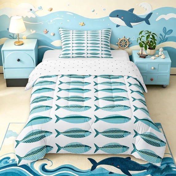 Manfei Rustic Mackerel Fish Twin Comforter Sets, Cartoon Scale Bedding Set, Cyan Teal, Reversible, 2pcs, 1 Comforter and 1 Pillowcase