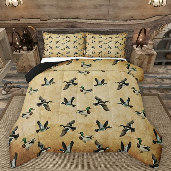 Manfei Rustic Mallard Bedding Comforter Set,Countryside Duck Twin Comforter Sets,Green Brown Bedding Set For Boys Kids,Luxury Bedroom Decor Reversible,2 Pieces