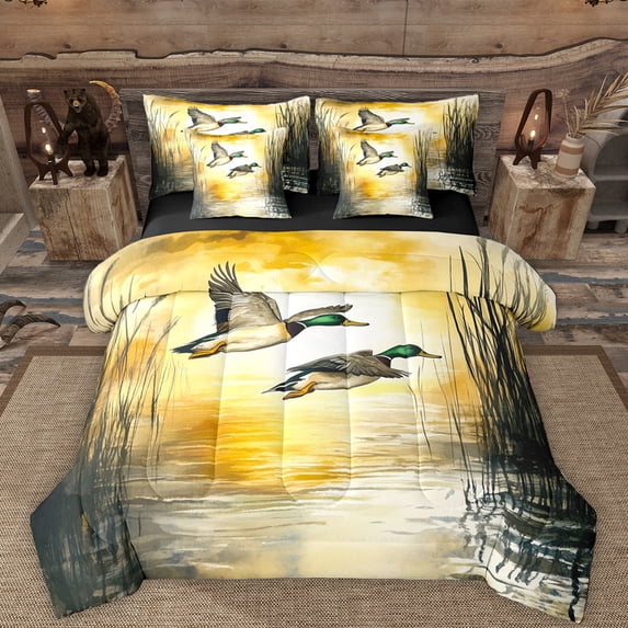 Manfei Rustic Mallard Duck 7-Piece Twin Bedding Sets,Fly Animal Bedding Comforter Set,Orange Sunset Sheet Sets For Men Women,Breathable Home Decor Reversible