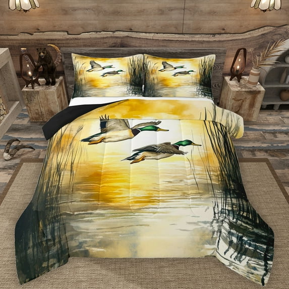 Manfei Rustic Mallard Duck Queen Comforter Set,Fly Animal Bedding Sets,Orange Sunset Bedding Comforter Set For Men Women,Breathable Home Decor Reversible,3pcs