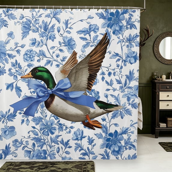 Manfei Rustic Mallard Duck Shower Curtain 72Wx72L,Blue Ribbon FloralBathroom Curtain