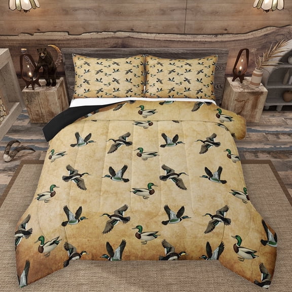 Manfei Rustic Mallard Full Size Comforter Sets,Countryside Duck Bedding Comforter Set,Green Brown Bedding Sets For Boys Kids,Luxury Bedroom Decor Reversible,3pcs