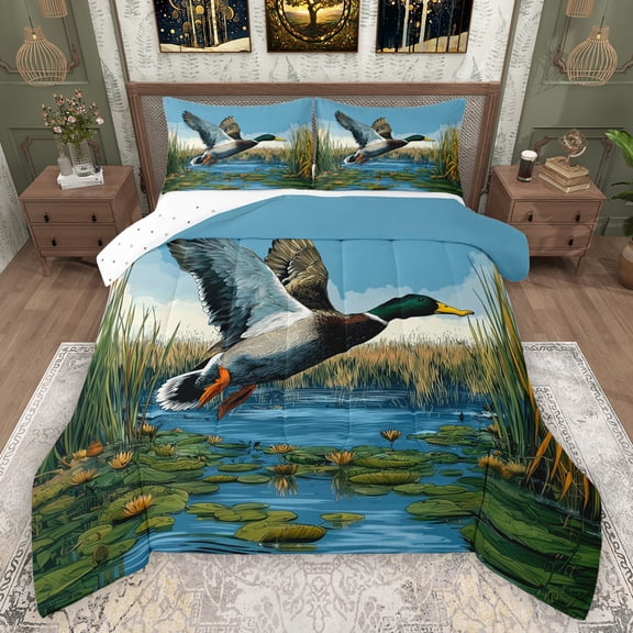 Manfei Rustic Mallardc Bedding Comforter Set,Lake Lotus Leaf Twin Comforter Sets,Country Farmhouse Lodge Bedding Set For Kids,Breathable Home Decor Reversible,2 Pieces