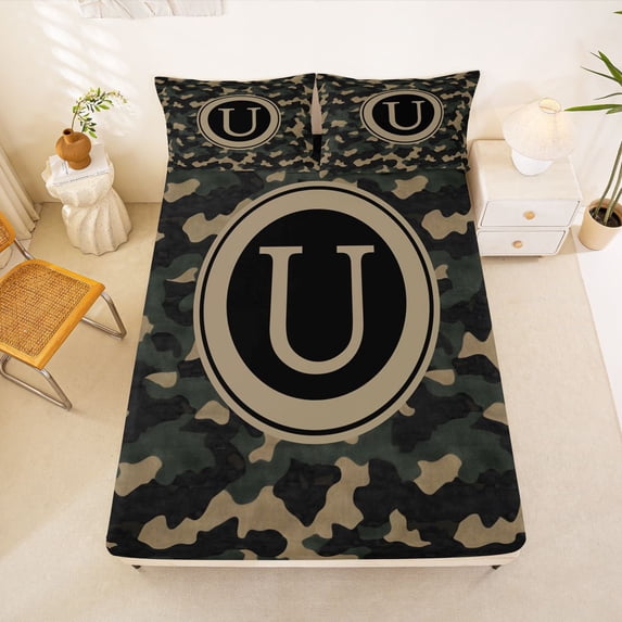 Monogramen Manfei Rustic Monogrammed U Fitted Sheet Full, Alphabet Camouflage Bed ...
