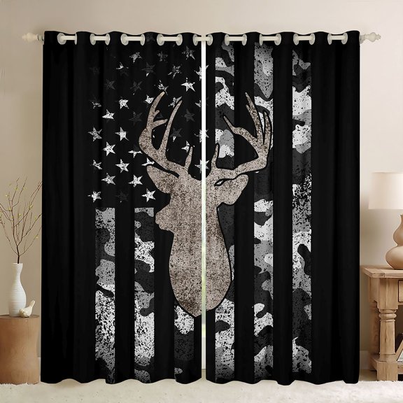 Manfei Rustic Moose Antler Blackout Curtains,Gray Camouflage Us Flag Curtains Pack of 2 (42x84 Each)