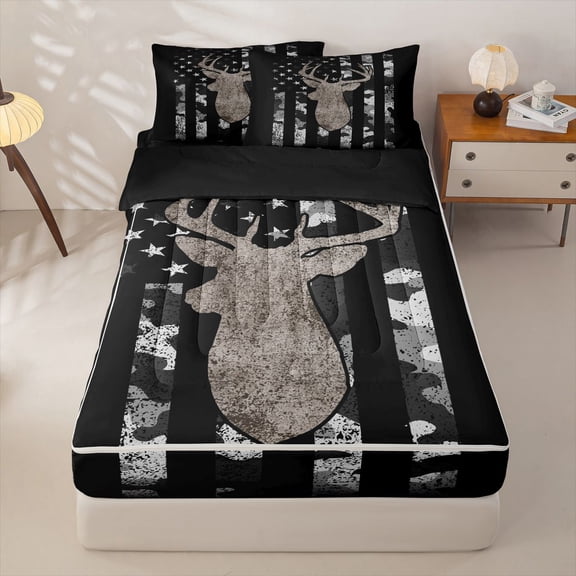 Manfei Rustic Moose Antler Zipper Queen Comforter Set with Fitted Sheet and 2 Pillowcases,Gray Camouflage US Flag Zipper Bedding Set,Black Reversible,4pcs
