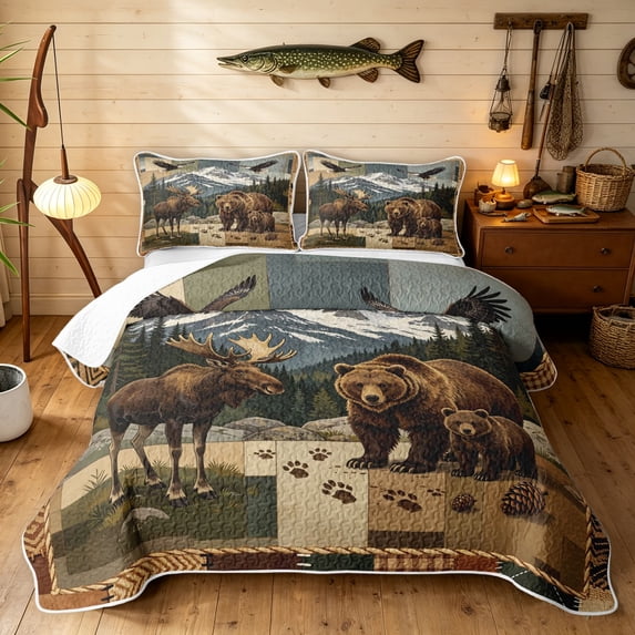 Manfei Rustic Moose Bear Bed Spread Queen, Countryside Mountain Queen Coverlet Set, Dark Brown, Gray Reversible, 3 Pieces, 1 Quilt and 2 Pillowcases