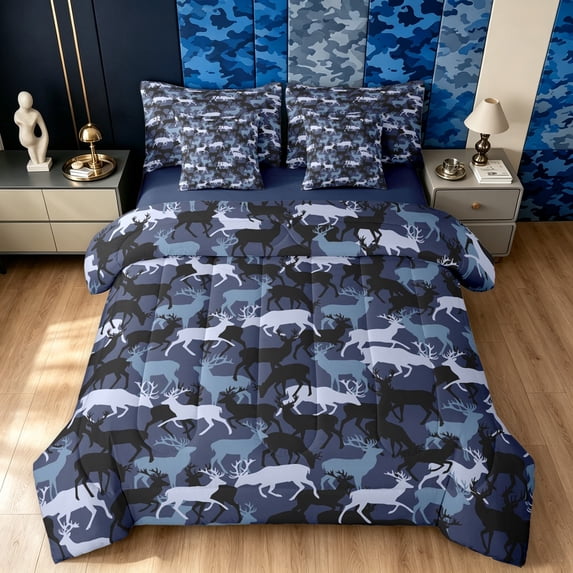 Manfei Rustic Moose Deer Twin Bedding, Contemporary Art Camo Bedding Comforter Set, Black Blue, Blue Reversible, 7pcs
