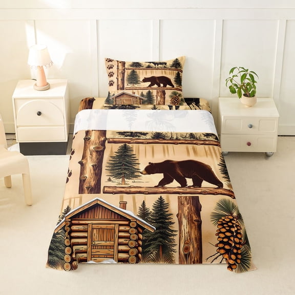 Manfei Rustic Moose Twin Sheets,Vintage Bear Pattern Bedding,Brown,3-Piece,1 Fitted Sheet and 1 Pillowcase