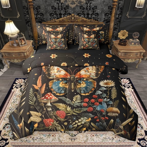 Manfei Rustic Moth 7-Piece Bedding Comforter Set,Tropical Botanical Mushroom King Bedding Sets,Country Farmhouse Lodge Bed Sheets For Girl Child,Microfiber Bedroom Decor Reversible