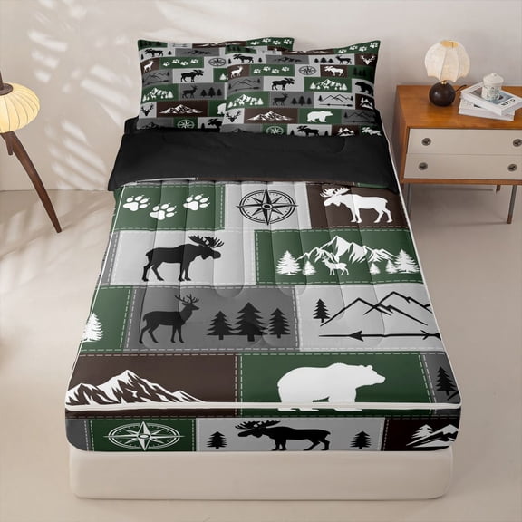 Manfei Rustic Mountain Wildlife Zipper Twin Comforter Sets with Fitted Sheet and 2 Pillowcases,Brown Check Pine Zipper Bedding Set,Black Reversible,4pcs