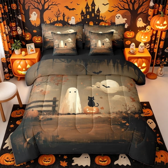 Manfei Rustic Oil Cute Ghost 7-Piece Twin Bedding, Halloween Autumn Pumpkin Black Cat Bedding Comforter Set, Brown Orange Gray,Black Reversible