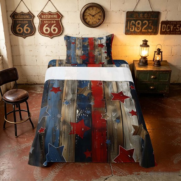 Manfei Rustic Old Barn Door Twin Sheets, Patriotic Stars Bedding, Red Blue Brown, Navy Reversible 3pcs (1 Flat Sheet, 1 Fitted Sheet and 1 Pillowcase)