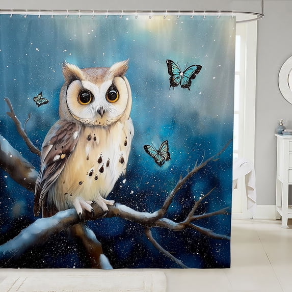 Manfei Rustic Owl Shower Curtain 72Wx78L, Mystic Starry Sky Bath Curtain, Blue
