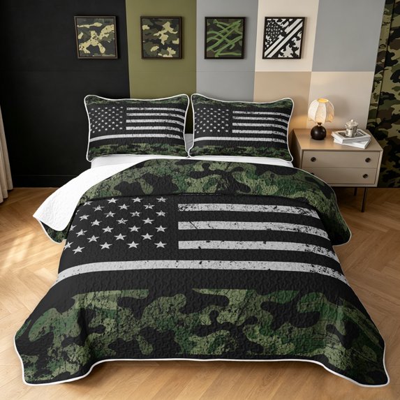 Manfei Rustic Patriotic Camo Bed Spread Queen, Contemporary Art US Flag Queen Coverlet Set, Black Olive Drab, 3pcs, 1 Quilt and 2 Pillowcases