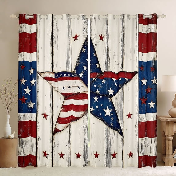 Manfei Rustic Patriotic Stars Kitchen Curtains, US Flag Printed Black Out Curtains Pack of 2 (42x63 Each), Red White Blue