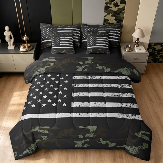 Manfei Rustic Patriotic US Flag Twin Bedding, Countryside Camo Bedding Comforter Set, Olive Green, Black Reversible, 7pcs