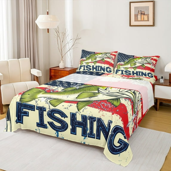 Manfei Rustic Pike Fish Bed Sheets 4 Pieces, Lake House Fishing King Sheets, Grunge American Flag Sheet Set, Lightweight Room Decor