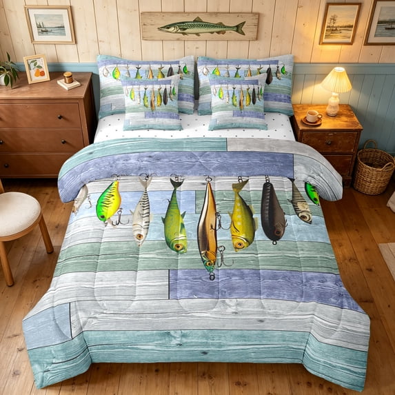 Manfei Rustic Pike Fish Full Size Bedding Sets, Retro Wooden Cabin Full Size Bed in a Bag, Teal Gray, Reversible, 7pcs