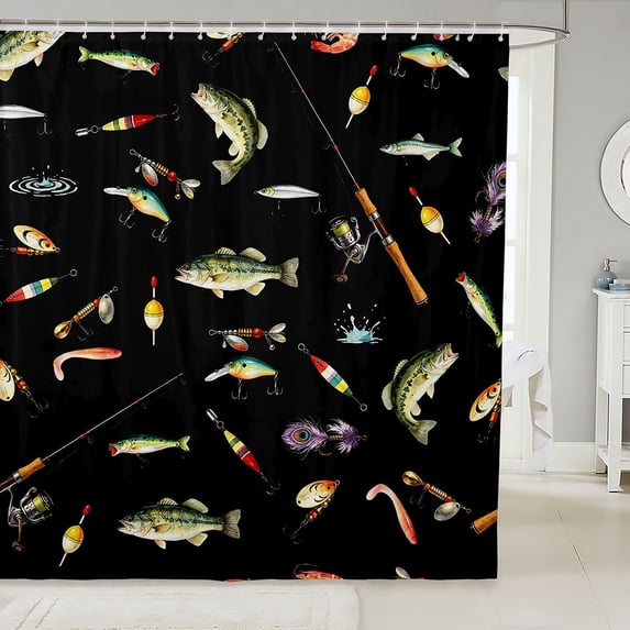 Manfei Rustic Pike Fish Shower Curtain 72Wx84L, Cartoon Fishing Gear Bathroom Shower Curtain, Black