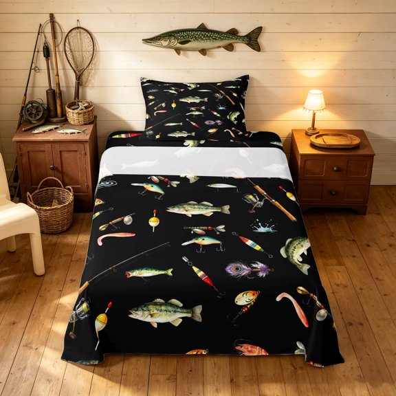 Manfei Rustic Pike Fish Twin Sheets, Cartoon Fishing Gear Bedding, Black, 3pcs, 1 Flat Sheet, 1 Fitted Sheet and 1 Pillowcase