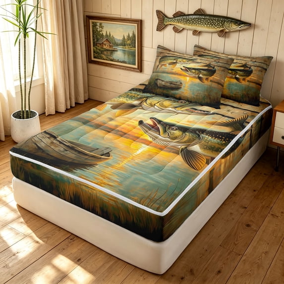 Manfei Rustic Pike Fish Zipper Full Size Comforter Sets with Fitted Sheet and 2 Pillowcases, Countryside Lake Boat Zipper Bedding Set, Golden Brown, Black Reversible, 4-Piece