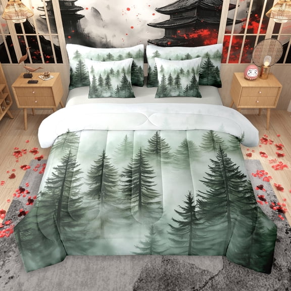 Manfei Rustic Pine Tree 7 Pieces Bedding Comforter Set, Rustic Nature Scenery Full Bedding Set, Teens Adult Men Women Reversible Fitted Sheet Flat Sheet, Luxury Bedroom Decor