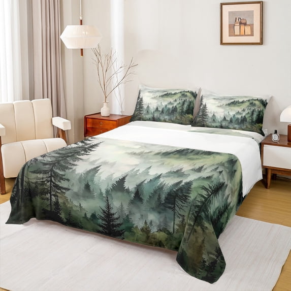 Manfei Rustic Pine Tree Bed Sheets, Nature Scenery King Sheets, Farmhouse Countryside Sheet Set, Ultra Soft Home Decor, 4pcs