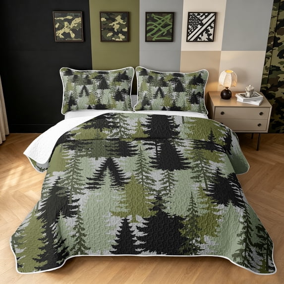 Manfei Rustic Pine Tree Bed Spread Queen, Countryside Camo Plant Queen Coverlet Set, Camo Multi, 3 Pieces, 1 Quilt and 2 Pillowcases