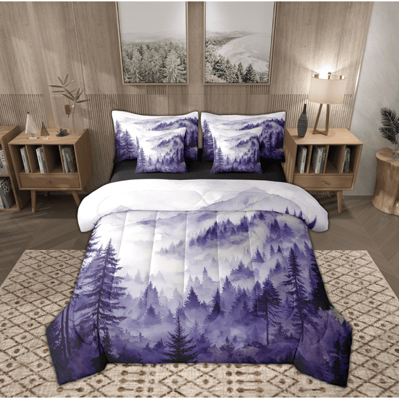 Manfei Rustic Pine Tree Bedding Comforter Set 7-Piece, Nature Scenery King Bedding Sets, Farmhouse Countryside Reversible Bed Sheets, Breathable Home Decor