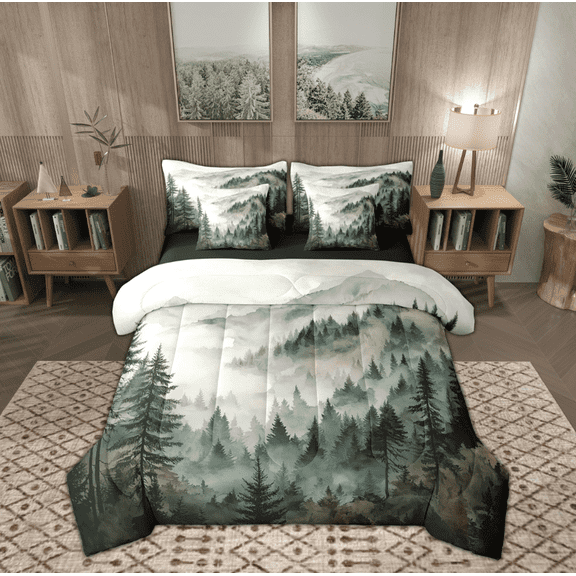 Manfei Rustic Pine Tree Bedding Comforter Set 7 Pieces, Nature Scenery Full Bedding Set, Farmhouse Countryside Reversible Fitted Sheet Flat Sheet, Ultra Soft Home Decor