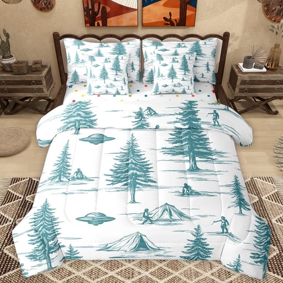 Manfei Rustic Pine Tree Bedding Comforter Set 7 Pieces for Teens, Cyan Plant Botancial Full Bedding Set, Adventure Camping Reversible Fitted Sheet Flat Sheet, Breathable Home Decor