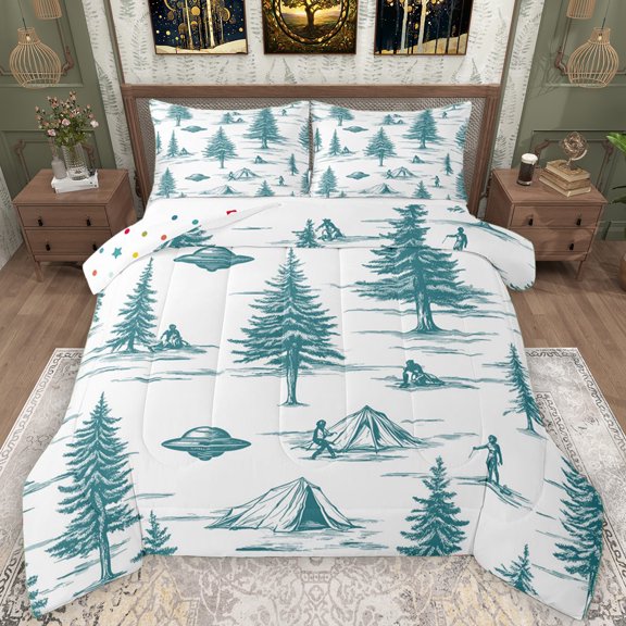 Manfei Rustic Pine Tree Queen Comforter Set for Teens, Cyan Plant Botancial Bedding Sets, Adventure Camping Reversible Bedding Comforter Set, Breathable Home Decor, 3 Pieces
