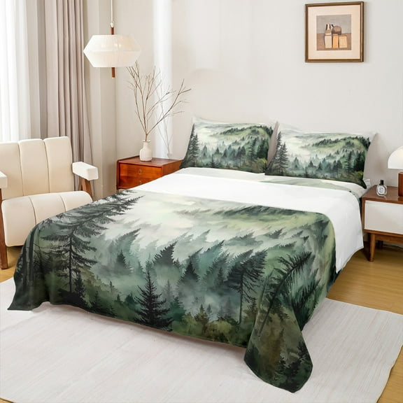 Manfei Rustic Pine Tree Twin Sheet Sets, Nature Scenery Twin Fitted Sheet, Farmhouse Countryside Flat Sheet, Ultra Soft Home Decor, 3pcs