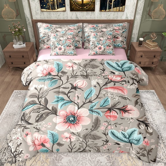 Manfei Rustic Pink Floral Bedding Comforter Set 7pcs for Women, Bohemian Plant Queen Bedding Sets, Vintage Southwestern Style Reversible Queen Sheet Sets, Microfiber Bedroom Decor