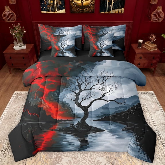 Manfei Rustic Plant 7 Pieces Bedding Comforter Set,Red Lightning Full Bedding Set,Lake Mountain Pattern Fitted Sheet Flat Sheet For Adults,Ultra Soft Home Decor Reversible