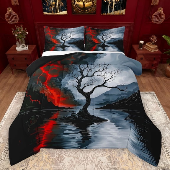 Manfei Rustic Plant Bedding Comforter Set,Red Lightning Twin Comforter Sets,Lake Mountain Pattern Bedding Set For Adults,Ultra Soft Home Decor Reversible,2-Piece