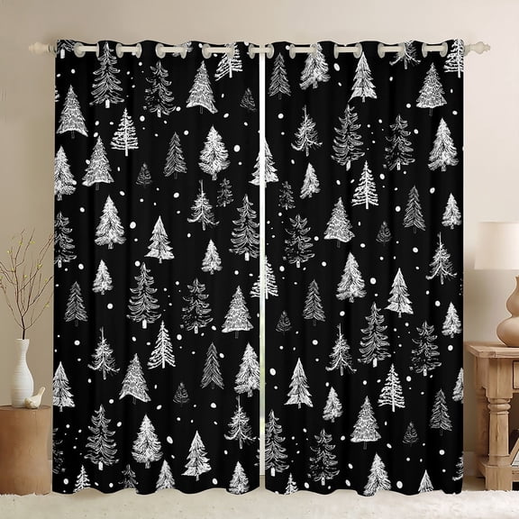 Manfei Rustic Plant Black Out Curtains,Sketch Pine Tree Curtains Pack of 2 (42x63 Each),Black White Bedroom Curtains,Microfiber Bedroom Decor