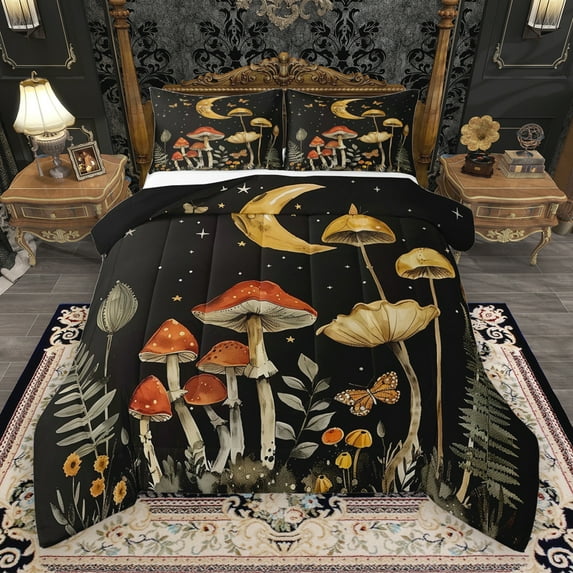 Manfei Rustic Plant Mushroom Bedding Comforter Set,Tropical Botanical Flower Twin Comforter Sets,Red Yellow Black Bedding Set For Girl Child,Microfiber Bedroom Decor Reversible,2-Piece