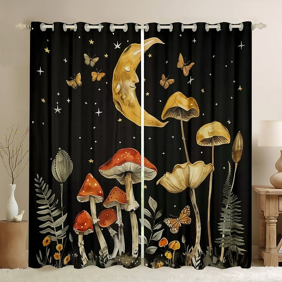 Manfei Rustic Plant Mushroom Black Out Curtains,Tropical Botanical Flower Curtains Pack of 2 (42x63 Each),Red Yellow Black Bedroom Curtains For Girl Child,Microfiber Bedroom Decor