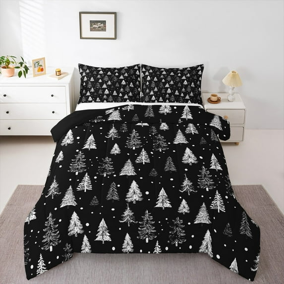 Manfei Rustic Plant Queen Comforter Set,Sketch Pine Tree Bedding Sets,Black White Bedding Comforter Set,Microfiber Bedroom Decor Reversible,3pcs