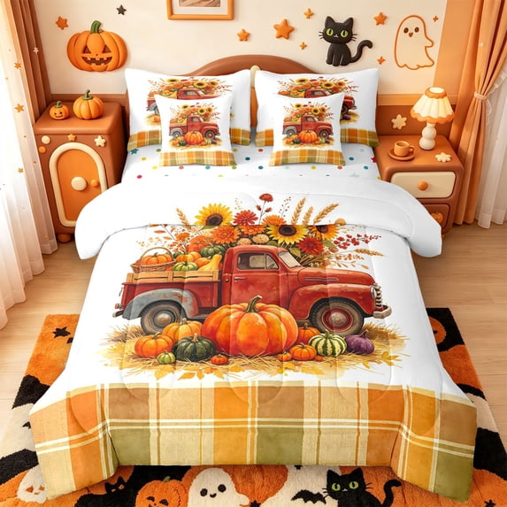 Manfei Rustic Plant Sunflower 7-Piece Twin Bedding,Fall Harvest Pumpkin Bedding Comforter Set,Polkadot Reversible