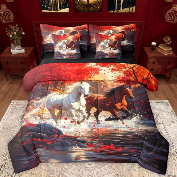 Manfei Rustic Racing Horse Bedding Comforter Set 7pcs, Jungle Red Maple Leaf Queen Bedding Sets, Tribal Western Animal Reversible Queen Sheet Sets, Super Cozy Room Decor
