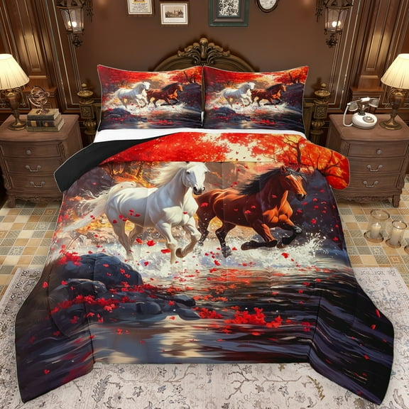 Manfei Rustic Racing Horse Queen Comforter Set, Jungle Red Maple Leaf Bedding Sets, Tribal Western Animal Reversible Bedding Comforter Set, Super Cozy Room Decor, 3pcs