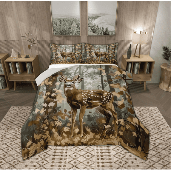 Manfei Rustic Reindeer Child Queen Comforter Set, Rustic Jungle Animal Bedding Sets, Woodland Wildlife Reversible Bedding Comforter Set, Breathable Home Decor, 3-Piece