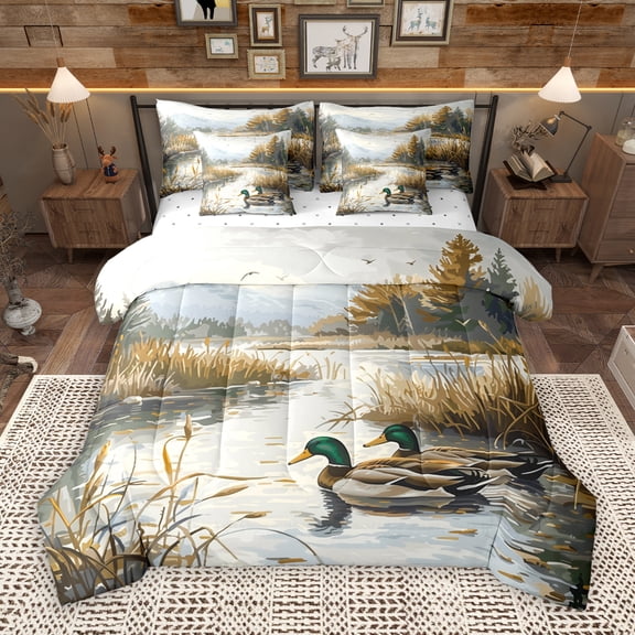 Manfei Rustic River 7-Piece Bedding Comforter Set,Farm Mallard Duck King Bedding Sets,Country Farmhouse Lodge Bed Sheets,Microfiber Bedroom Decor Reversible