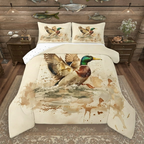 Manfei Rustic River Bedding Comforter Set,Brown Mallard Duck Twin Comforter Sets,Country Farmhouse Lodge Bedding Set For Men Women,Microfiber Bedroom Decor Reversible,2pcs