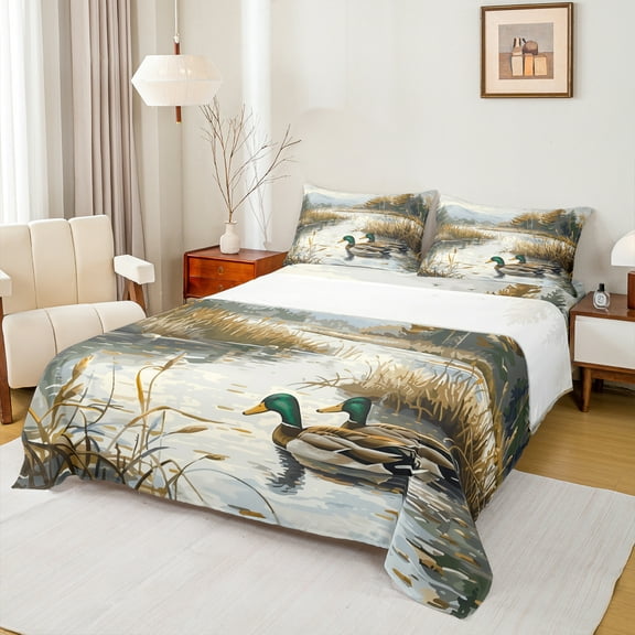 Manfei Rustic River Full Size Sheets,Farm Mallard Duck Bed Sheets,Country Farmhouse Lodge Sheet Sets,Microfiber Bedroom Decor,4pcs