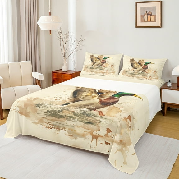 Manfei Rustic River Twin Sheet Sets,Brown Mallard Duck Twin Fitted Sheet,Country Farmhouse Lodge Flat Sheet For Men Women,Microfiber Bedroom Decor,3pcs