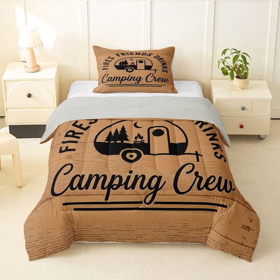 Manfei Rustic Rv Twin Comforter Sets,Vintage Letter Pattern Bedding Set,Brown,Light Gray Reversible,2 Pieces,1 Comforter and 1 Pillowcase